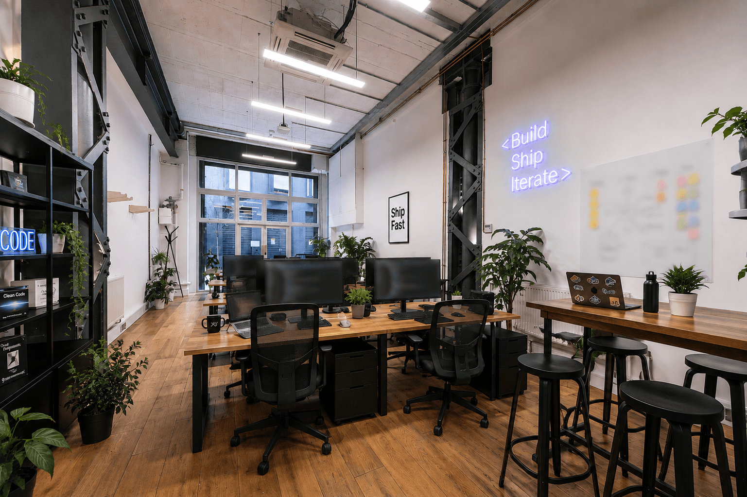A team workspace with laptops and planning notes.